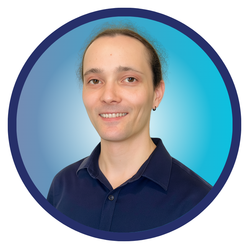 Chris Gast, Senior Software Developer Omni~View - headshot with blue circle background