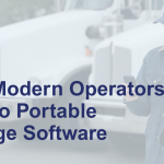 Why Modern Operators Turn to Portable Storage Software - Blog Man on iPad and Phone in front of trucks
