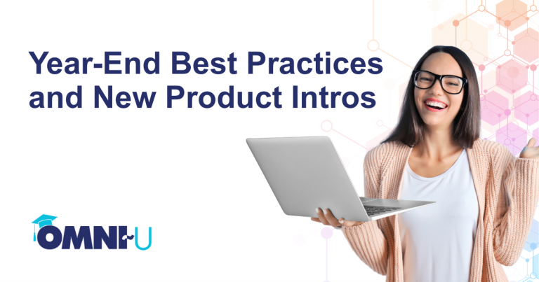 Year-End Best Practices and New Product Introductions Omni~U Woman holding a laptop, happy