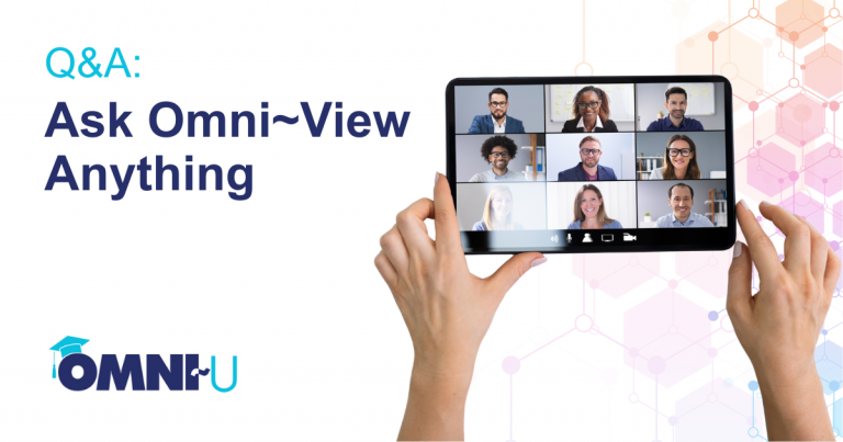 ask omni~view anything - Omni~U Q&A Person holding ipad with online meeting on screen