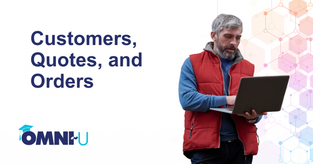 customers, quotes, and orders - Omni~U Man in red puffy vest holding computer Omni~View