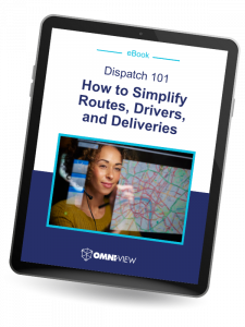 ebook - dispatch 101 - How to Simplify Routes, Drivers, and Deliveries Woman with earpiece looking at map route Omni~View Logo IPad