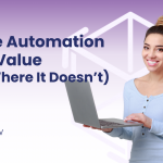 Where Automation Adds Value (and Where It Doesn't) Omni~View Blog Person with laptop, purle background, Omni~View Icon, Omni~View logo