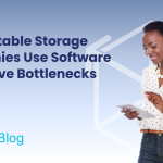 How Portable Storage Companies Use Software to Remove Bottlenecks Omni Blog Blue background Omni~View logo behind woman on iPad