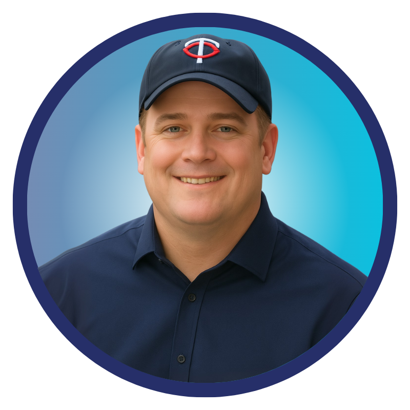 Mike Livingston headshot omni~view software developer Blue background