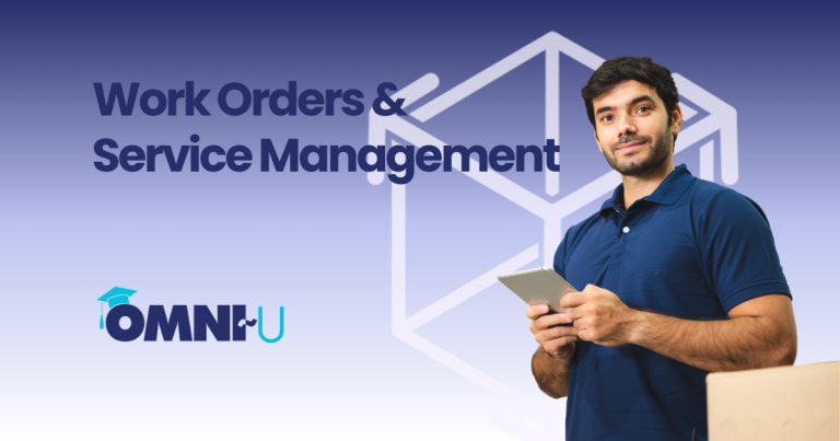 Work Orders & Service Management Omni~U Man with iPad, leaning on a box