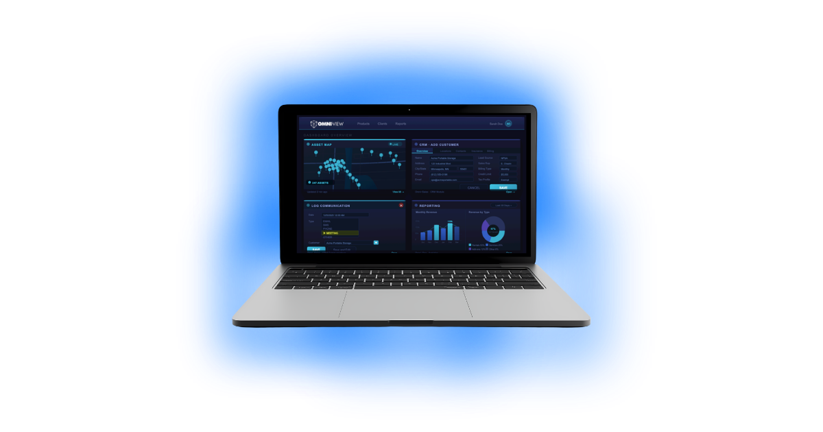 omni~view software - best software for portable storage, containers, portable toilets, dumpster rental, trailers, modular spaces - laptop with inventory map, route management, communication log, email, reporting, dashboard