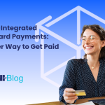 System-Integrated Credit Card Payments: A simpler way to get paid - woman smiling at computer holding credit card